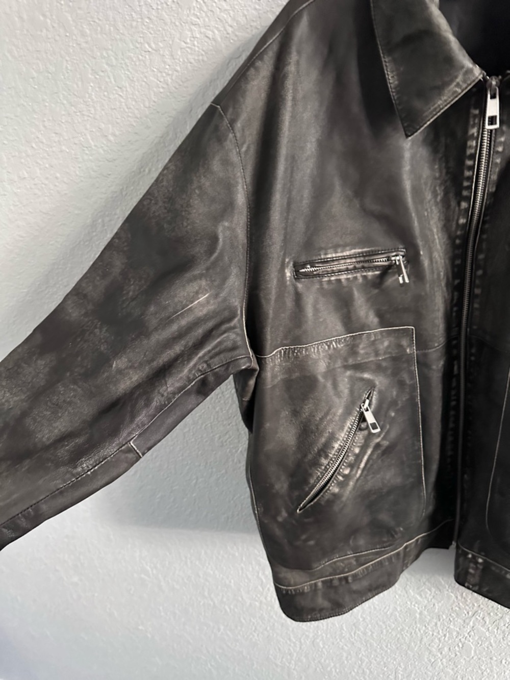Topshop Real Leather Distressed Black Jacket Oversized Zip Utility Moto Size 12 - Picture 5 of 12